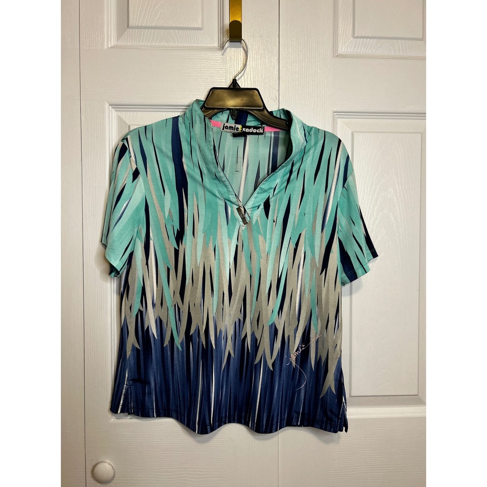 Jamie Sadock Womens Teal Blue Abstract Geometric Golf Top Mock Neck Size Medium